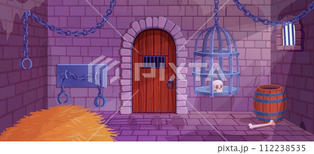 Medieval prison. Cartoon donjon cell interior, fort dungeon jail chain human torture torch, ancient castle old cellar dark room wall gate door, game ingenious vector illustration Medieval prison. Cartoon donjon cell interior, fort dungeon jail chain human torture torch, ancient castle old cellar dark room wall gate door, game ingenious vector illustration 112238535