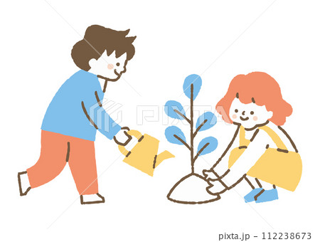 木の苗を植えようとしている男の子と女の子_色 112238673