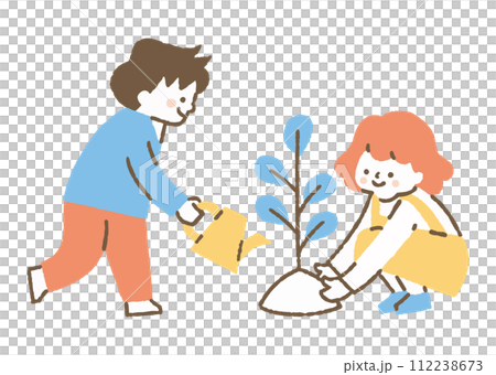 木の苗を植えようとしている男の子と女の子_色 112238673