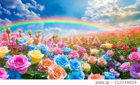 一面のばら畑と虹のかかった青空 112239029