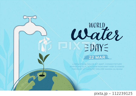 World Water Day. A plant on the earth receive water from the faucet. Save water for Sustainable ecology and environment conservation concept design. Vector illustration. 112239125