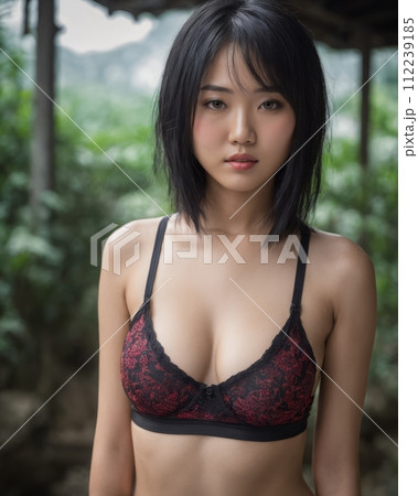an asian woman wearing a red bra top and black underwear 112239185