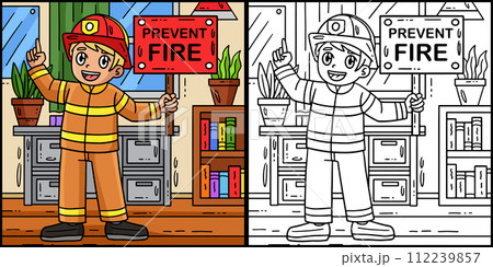 Firefighter Holding Reminder Coloring Illustration 112239857