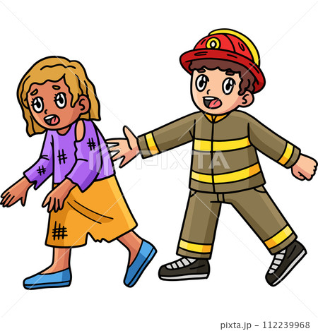 Firefighter Escorting a Survivor Cartoon Clipart  112239968