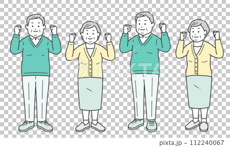Elderly slightly overweight men and women doing fist pump with both hands 112240067