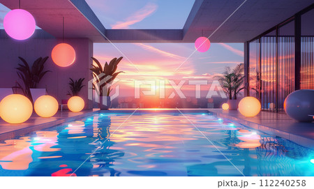 AI-generated content. Luxurious rooftop swimming pool with vibrant glowing lights, sunset sky 112240258