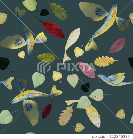 Watercolor hand-drawn fishes pattern on green background Watercolor hand-drawn fishes pattern on green background 112240359