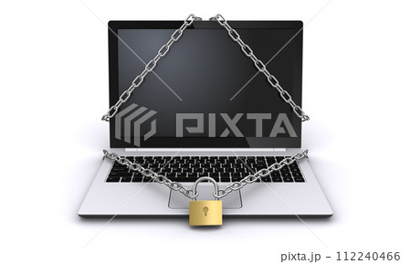 ノートパソコンを鎖と南京錠で封印、情報漏洩の対策イメージ 112240466