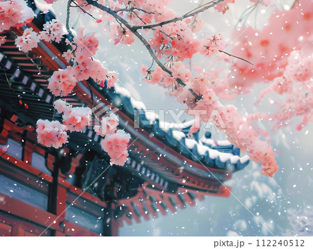 雪の日の寺院の桜 112240512
