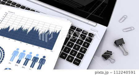 ビジネス資料とノートパソコン、事業戦略の構築やデータ分析のイメージ 112240591