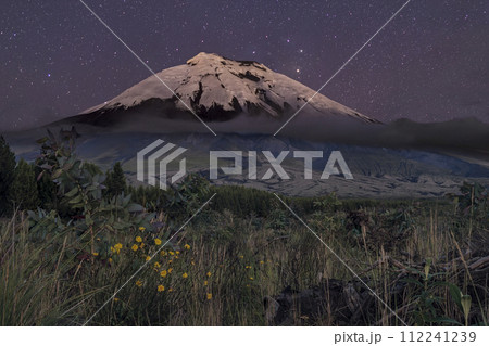 Starry night above the west face of the Cotopaxi volcano 112241239