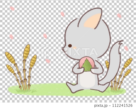 桜餅を持ってつくしを見るチンチラのイラスト 112241526