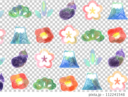 Cute watercolor set of Mt. Fuji, plum, eggplant and pine motifs Cute watercolor set of Mt. Fuji, plum, eggplant and pine motifs 112241548