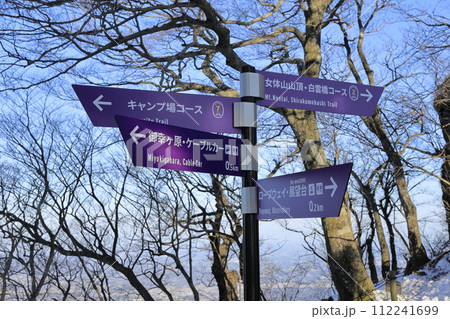 快晴の筑波山（つくばさん）の女体山（にょたいさん）山頂付近の行先案内板 112241699