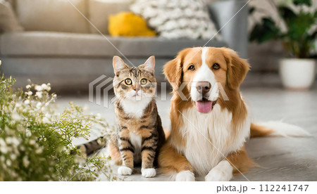 仲良し　ねこといぬ　ネコとイヌ　猫と犬 112241747