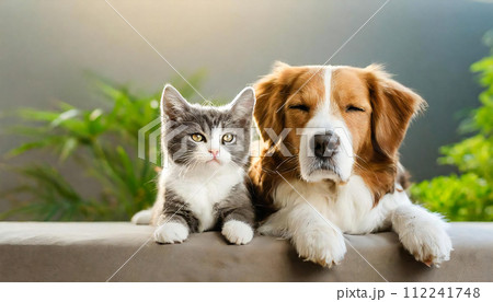 仲良し　ねこといぬ　ネコとイヌ　猫と犬 112241748