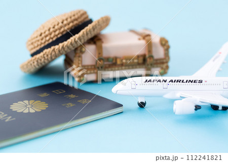旅行鞄のトランクとパスポートと飛行機 112241821