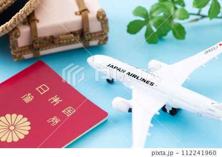 旅行鞄のトランクとパスポートと飛行機 旅行鞄のトランクとパスポートと飛行機 112241960