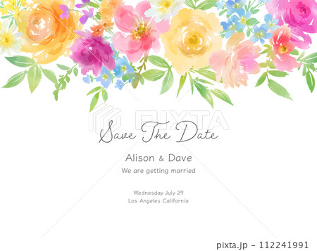 水彩風のバラや植物のインビテーションカード素材 112241991