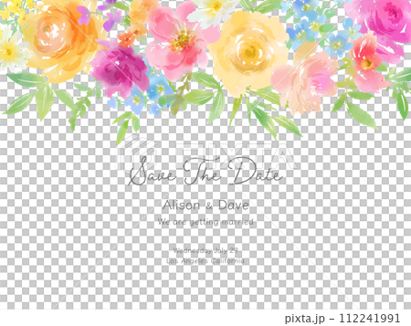水彩風のバラや植物のインビテーションカード素材 112241991