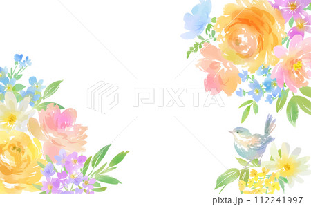 水彩風のバラや植物と鳥のフレームイラスト 112241997