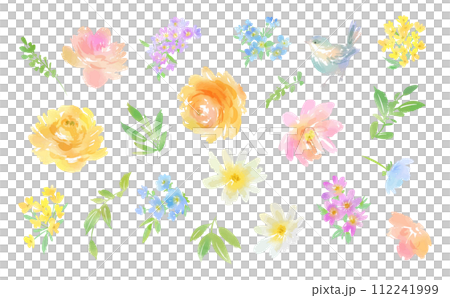 水彩風のバラや植物と鳥のベクターイラストセット 112241999
