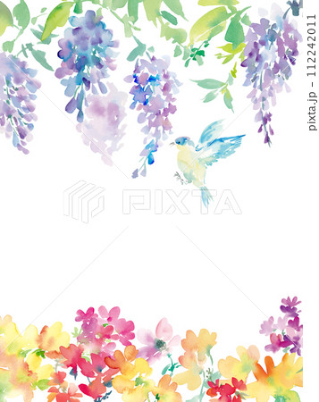水彩で描いた抽象的な藤の花と草花、鳥の背景用イラスト 水彩で描いた抽象的な藤の花と草花、鳥の背景用イラスト 112242011