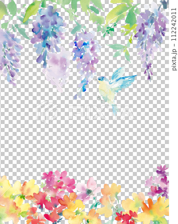 Watercolor illustration of abstract wisteria flowers, flowers and birds for background 112242011