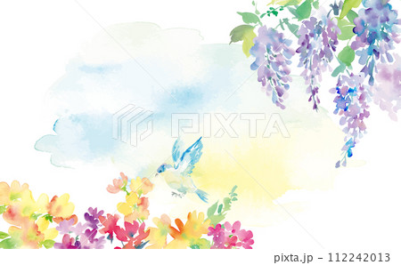 水彩で描いた抽象的な藤の花と草花、鳥の背景用イラスト 112242013