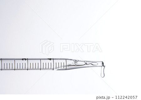 Clear liquid droplets falling from a dropper that can be used for cosmetic and medical images. 112242057
