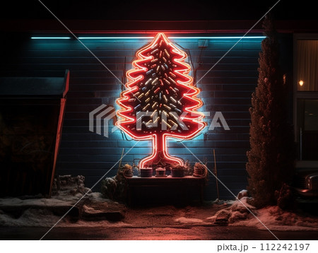 AI Generated neon Christmas tree light on the wall AI Generated neon Christmas tree light on the wall 112242197