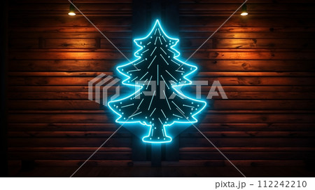 AI Generated neon Christmas tree light on the wall AI Generated neon Christmas tree light on the wall 112242210