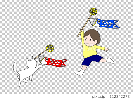 A boy and a cat running with a carp streamer 112242278