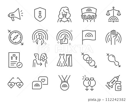 LGBTQi Pride icon set. It included LGBTQ, gender, gender expression, transgender and more icons. Editable Vector Stroke 112242382
