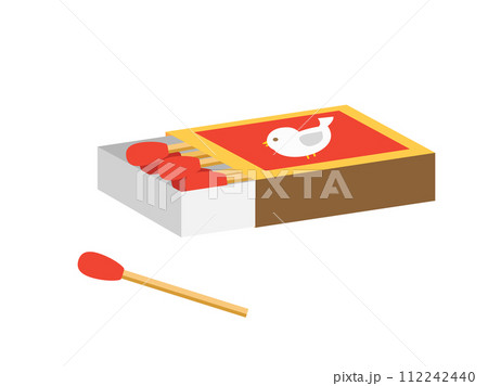マッチ棒と鳥が描かれたマッチ箱のイラスト 112242440