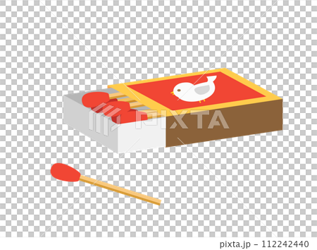 マッチ棒と鳥が描かれたマッチ箱のイラスト 112242440