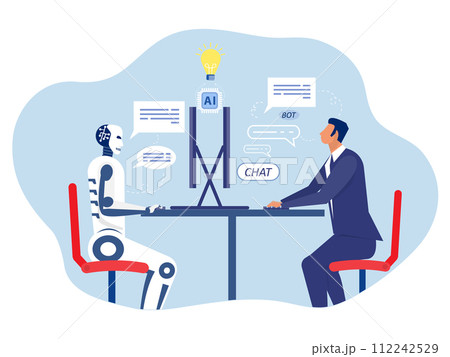 Chat bot,Businessman uses computer for consulting with. Artificial intelligence technology. Digital chat bot, robot application, conversation assistant concept. vector illustrator Chat bot,Businessman uses computer for consulting with. Artificial intelligence technology. Digital chat bot, robot application, conversation assistant concept. vector illustrator 112242529