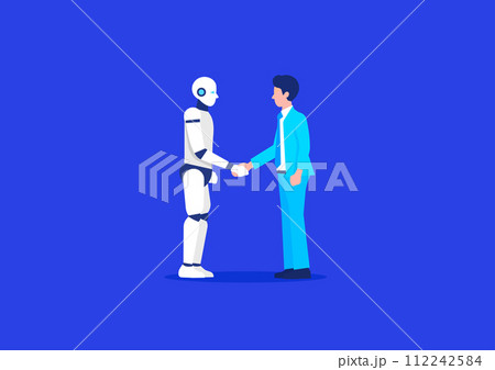 ロボットと握手するビジネスマンのイラスト ロボットと握手するビジネスマンのイラスト 112242584