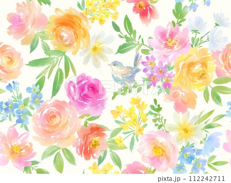 水彩風なバラと草花、鳥のシームレスパターン 112242711