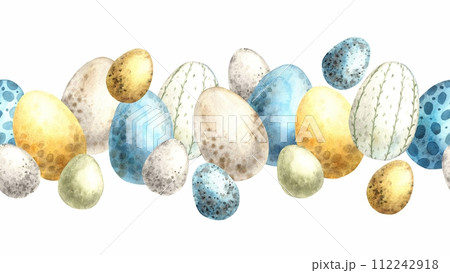 Watercolor seamless Easter line (frame) of colorful eggs. Hand drawn illustrations on isolated background for greeting cards, invitations, happy holidays, posters, graphic design, print, label 112242918