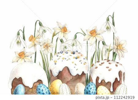 Watercolor Easter composition with Easter cakes, eggs and daffodils. Hand drawn illustrations on isolated background for greeting cards, invitations, happy holidays, posters, graphic design, print. Watercolor Easter composition with Easter cakes, eggs and daffodils. Hand drawn illustrations on isolated background for greeting cards, invitations, happy holidays, posters, graphic design, print. 112242919