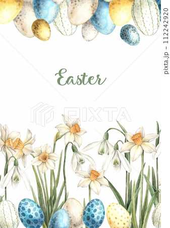 Watercolor Easter composition with text, Easter cakes, eggs and daffodils. Hand drawn illustrations on isolated background for greeting cards, invitations, happy holidays, posters, graphic design, Watercolor Easter composition with text, Easter cakes, eggs and daffodils. Hand drawn illustrations on isolated background for greeting cards, invitations, happy holidays, posters, graphic design, 112242920