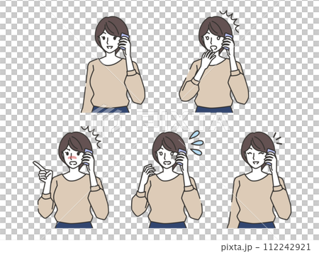 Facial expression set of a woman making a phone call 112242921
