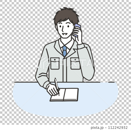 A man wearing work clothes taking notes while on the phone 112242932