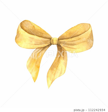 Satin bow in watercolor yellow color for creating compositions. Sketch on isolated background for greeting cards, invitations, banners, posters, textiles, design, packaging. 112242934