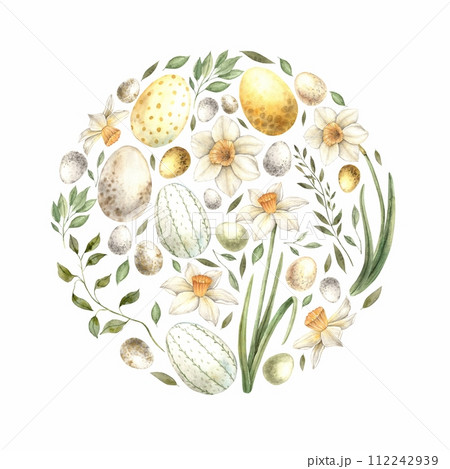 Watercolor round composition of daffodils, eggs, green plants. Drawing on isolated background for greeting cards, invitations, happy holidays, posters, design, print, label. 112242939