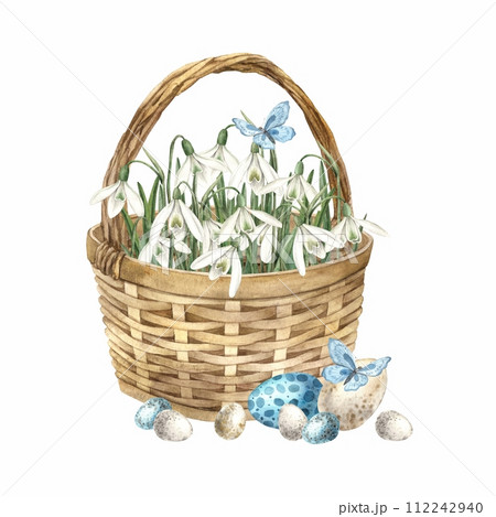 Watercolor Easter composition with wicker basket, snowdrops and eggs. Hand drawn illustrations on isolated background for greeting cards, invitations, happy holidays, posters, design, print, package 112242940