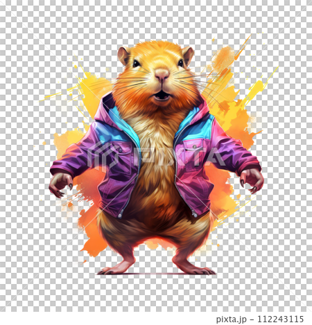 Cool capybara wearing jacket for Sublimation Printing, capybara T-shirt Design Clipart, DTF DTG Printing, Wild Animals painting, Illustration, Generative AI. 112243115