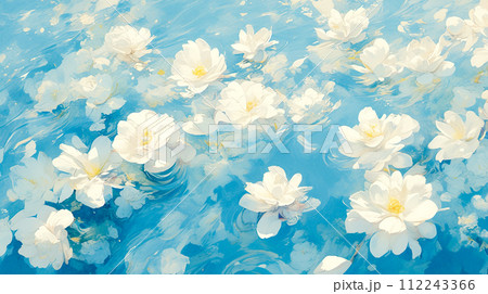 水面に浮かんだ美しい白い花の水彩イラスト背景「AI生成画像」の