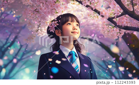 桜吹雪の中の女子高校生(入学・卒業イメージ) 112243393
